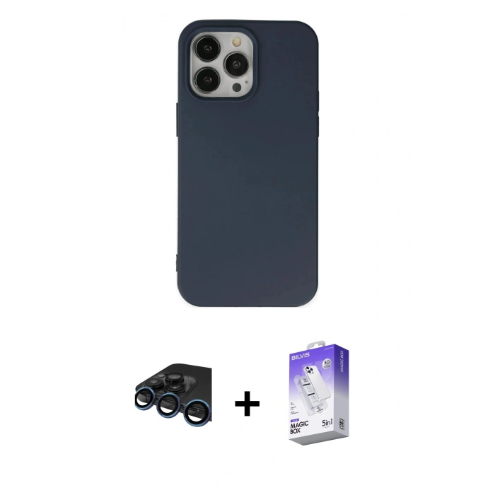 MARSİLYAN™- iPhone 15 Pro Kılıf Ahenk Serisi - Siyah Bilvis 5in1 3D Magic Cam Ekran Koruyucu + Lacivert Raze Metal Kamera Lens