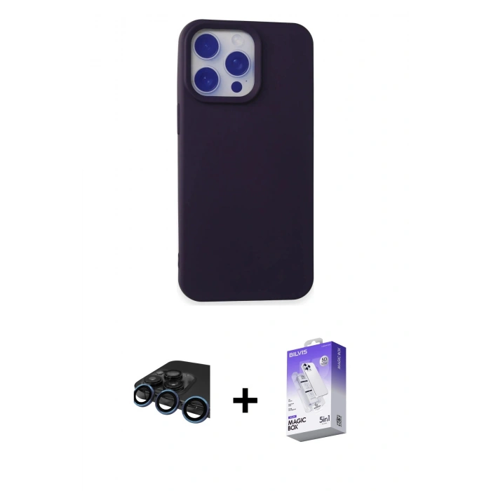 MARSİLYAN™- iPhone 15 Pro Kılıf Ahenk Serisi - Siyah Bilvis 5in1 3D Magic Cam Ekran Koruyucu + Lacivert Raze Metal Kamera Lens