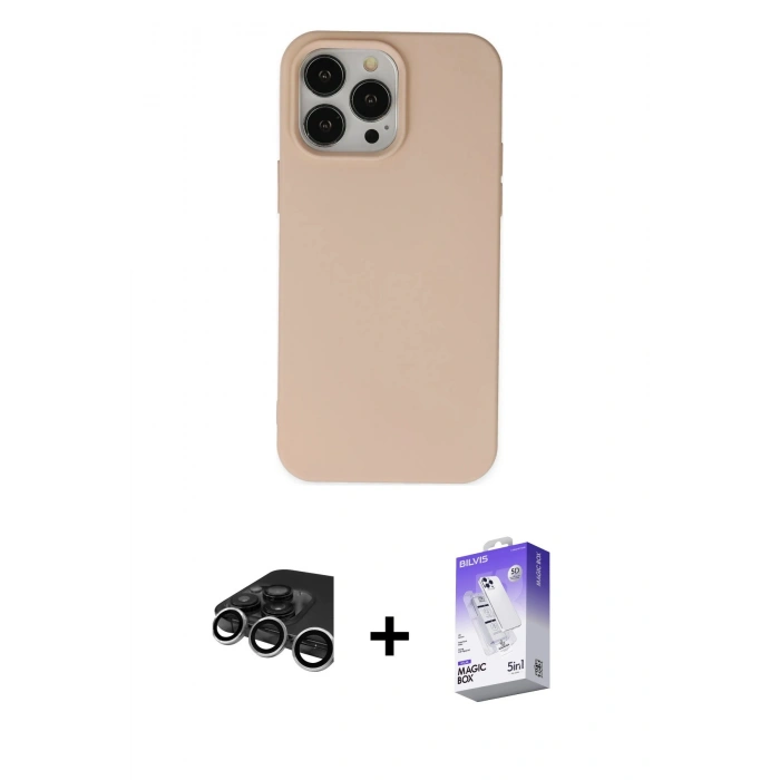 MARSİLYAN™- iPhone 15 Pro Kılıf Ahenk Serisi - Siyah Bilvis 5in1 3D Magic Cam Ekran Koruyucu + Raze Metal Kamera Lens - GS