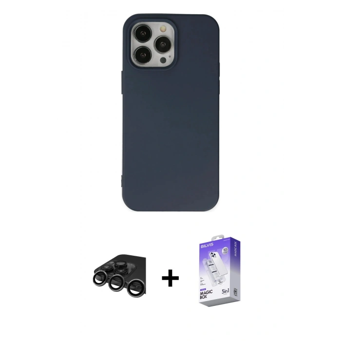 MARSİLYAN™- iPhone 15 Pro Kılıf Ahenk Serisi - Siyah Bilvis 5in1 3D Magic Cam Ekran Koruyucu + Raze Metal Kamera Lens - TMGI
