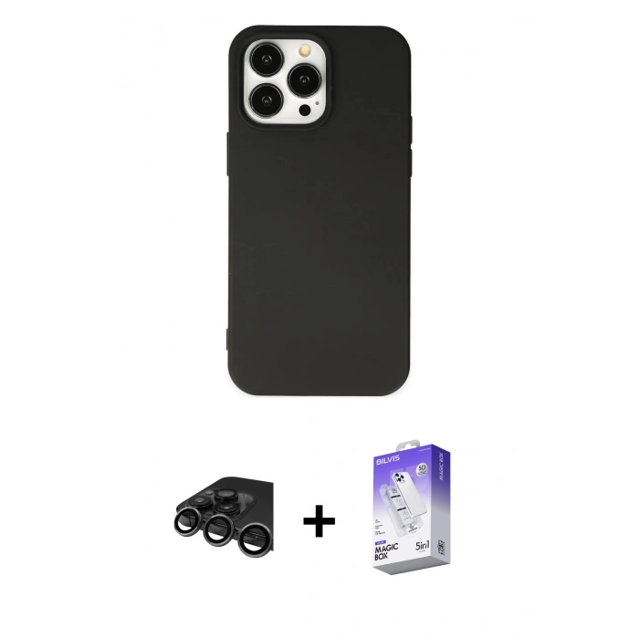MARSİLYAN™- iPhone 15 Pro Kılıf Ahenk Serisi - Siyah Bilvis 5in1 3D Magic Cam Ekran Koruyucu + Raze Metal Kamera Lens - TMGI