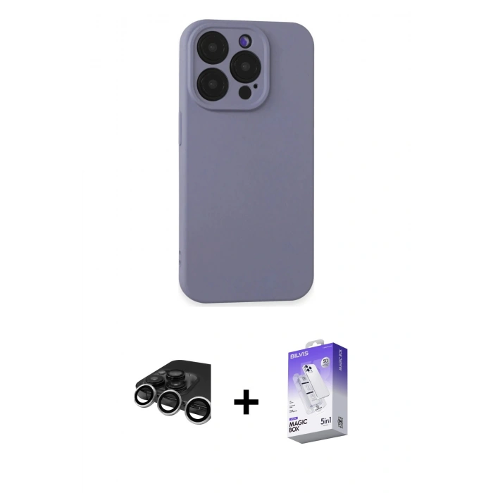 MARSİLYAN™- iPhone 15 Pro Kılıf Ahenk Serisi - Siyah Bilvis 5in1 3D Magic Cam Ekran Koruyucu + Raze Metal Kamera Lens - GS
