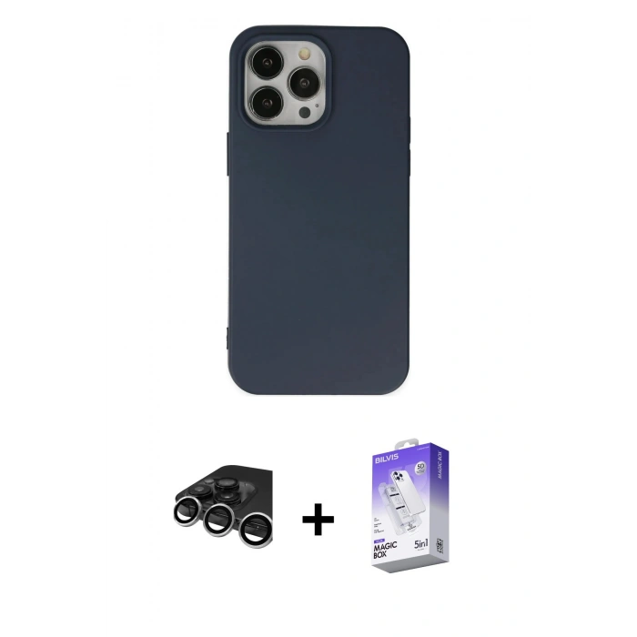 MARSİLYAN™- iPhone 15 Pro Kılıf Ahenk Serisi - Siyah Bilvis 5in1 3D Magic Cam Ekran Koruyucu + Raze Metal Kamera Lens - GS