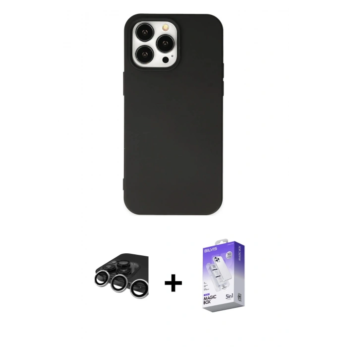 MARSİLYAN™- iPhone 15 Pro Kılıf Ahenk Serisi - Siyah Bilvis 5in1 3D Magic Cam Ekran Koruyucu + Raze Metal Kamera Lens - GS