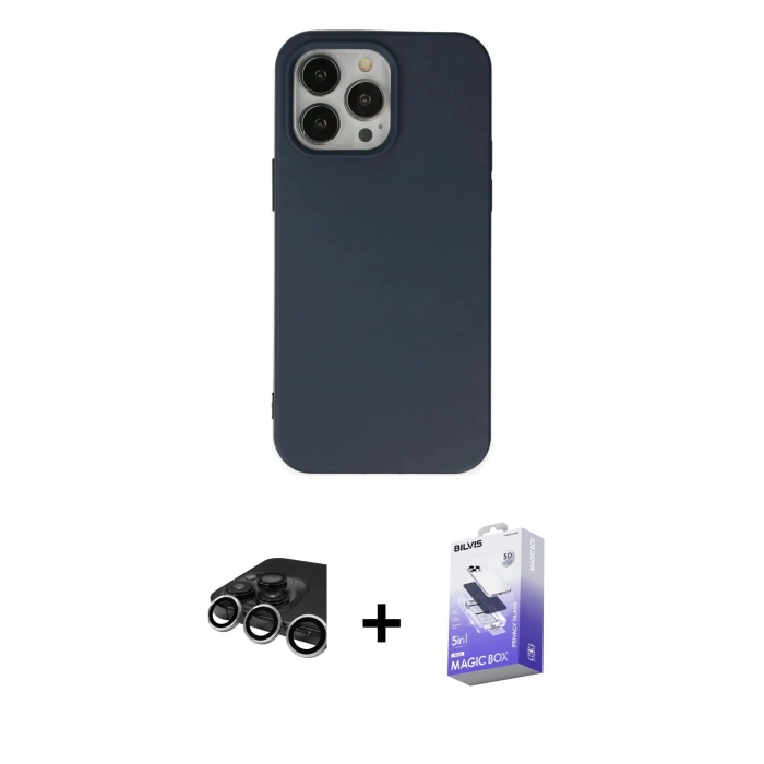MARSİLYAN™- iPhone 15 Pro Kılıf Ahenk Serisi - Siyah Bilvis 5in1 5D Magic Hayalet Cam Ekran Koruyucu + Gümüş Raze Metal Kamera Lens