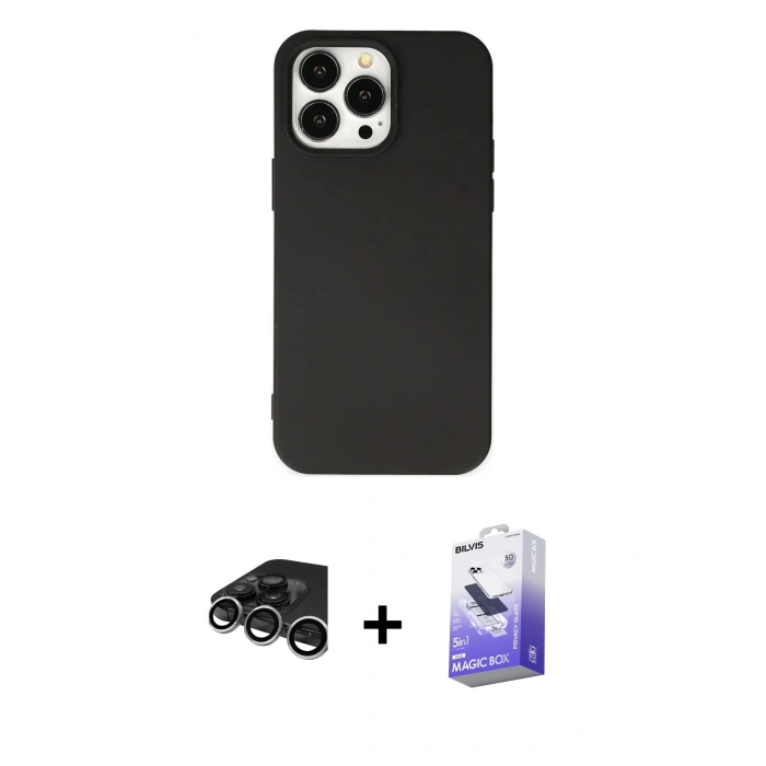 MARSİLYAN™- iPhone 15 Pro Kılıf Ahenk Serisi - Siyah Bilvis 5in1 5D Magic Hayalet Cam Ekran Koruyucu + Gümüş Raze Metal Kamera Lens