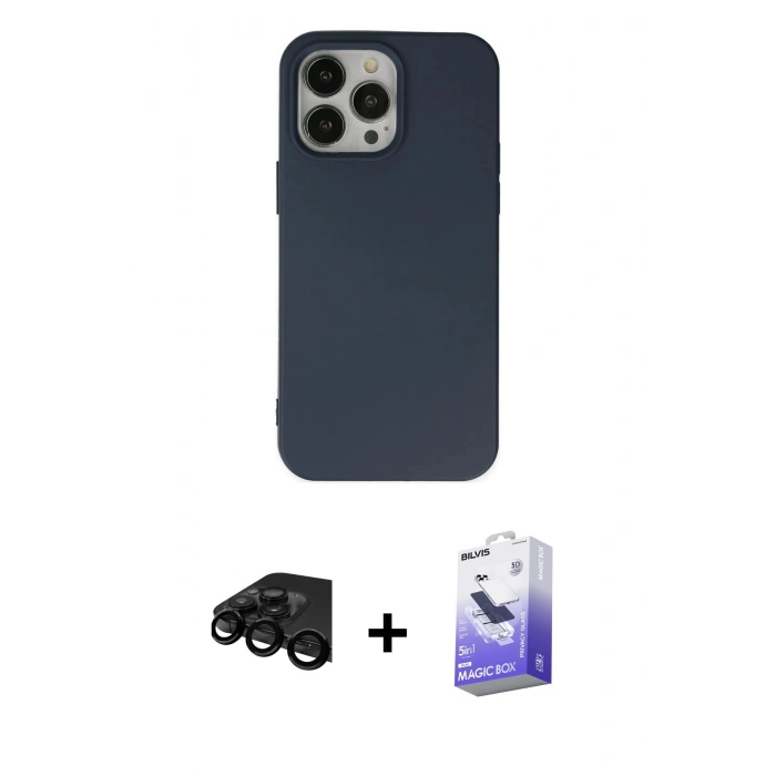 MARSİLYAN™- iPhone 15 Pro Kılıf Ahenk Serisi - Siyah Bilvis 5in1 5D Magic Hayalet Cam Ekran Koruyucu + Siyah Raze Metal Kamera Lens