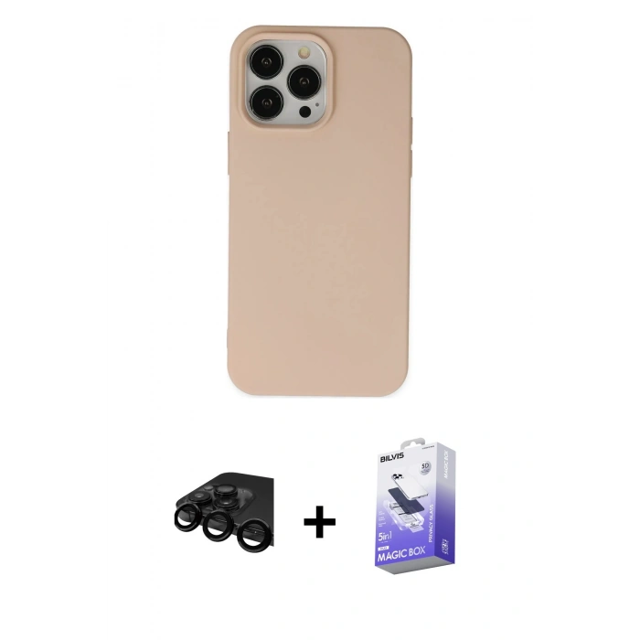 MARSİLYAN™- iPhone 15 Pro Kılıf Ahenk Serisi - Siyah Bilvis 5in1 5D Magic Hayalet Cam Ekran Koruyucu + Siyah Raze Metal Kamera Lens