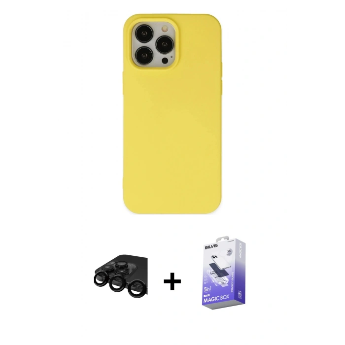 MARSİLYAN™- iPhone 15 Pro Kılıf Ahenk Serisi - Siyah Bilvis 5in1 5D Magic Hayalet Cam Ekran Koruyucu + Siyah Raze Metal Kamera Lens