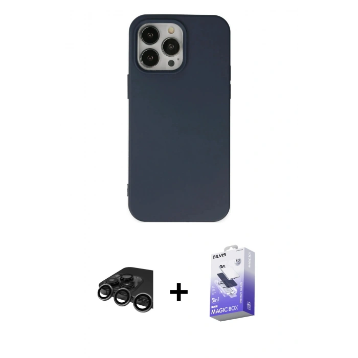 MARSİLYAN™- iPhone 15 Pro Kılıf Ahenk Serisi - Siyah Bilvis 5in1 5D Magic Hayalet Cam Ekran Koruyucu + Titanyum Gri Raze Metal Kamera Lens
