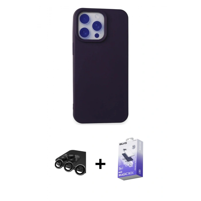 MARSİLYAN™- iPhone 15 Pro Kılıf Ahenk Serisi - Siyah Bilvis 5in1 5D Magic Hayalet Cam Ekran Koruyucu + Titanyum Gri Raze Metal Kamera Lens