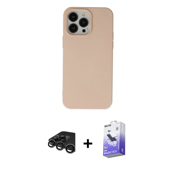 MARSİLYAN™- iPhone 15 Pro Kılıf Ahenk Serisi - Siyah Bilvis 5in1 5D Magic Hayalet Cam Ekran Koruyucu + Titanyum Gri Raze Metal Kamera Lens