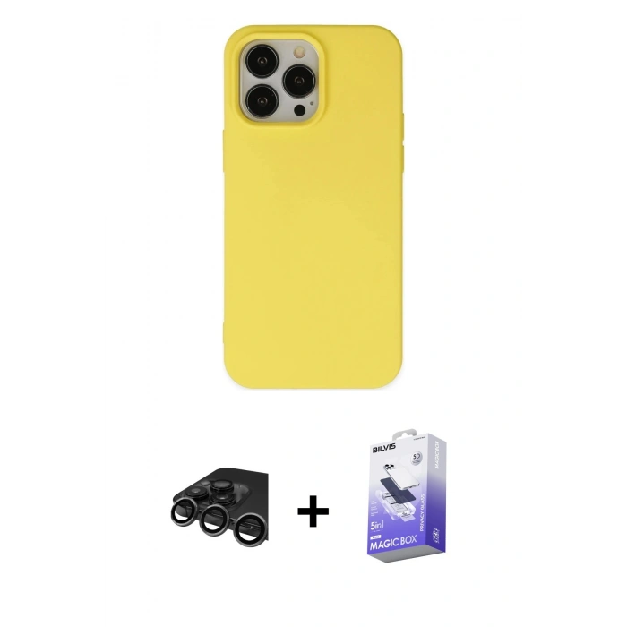 MARSİLYAN™- iPhone 15 Pro Kılıf Ahenk Serisi - Siyah Bilvis 5in1 5D Magic Hayalet Cam Ekran Koruyucu + Titanyum Gri Raze Metal Kamera Lens