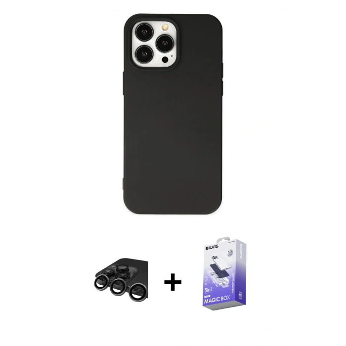 MARSİLYAN™- iPhone 15 Pro Kılıf Ahenk Serisi - Siyah Bilvis 5in1 5D Magic Hayalet Cam Ekran Koruyucu + Titanyum Gri Raze Metal Kamera Lens