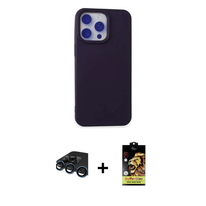 MARSİLYAN™- iPhone 15 Pro Kılıf Ahenk Serisi - Siyah Buffer Cam Ekran Koruyucu + Raze Metal Kamera Lens - LT