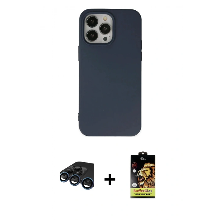 MARSİLYAN™- iPhone 15 Pro Kılıf Ahenk Serisi - Siyah Buffer Cam Ekran Koruyucu + Raze Metal Kamera Lens - LT