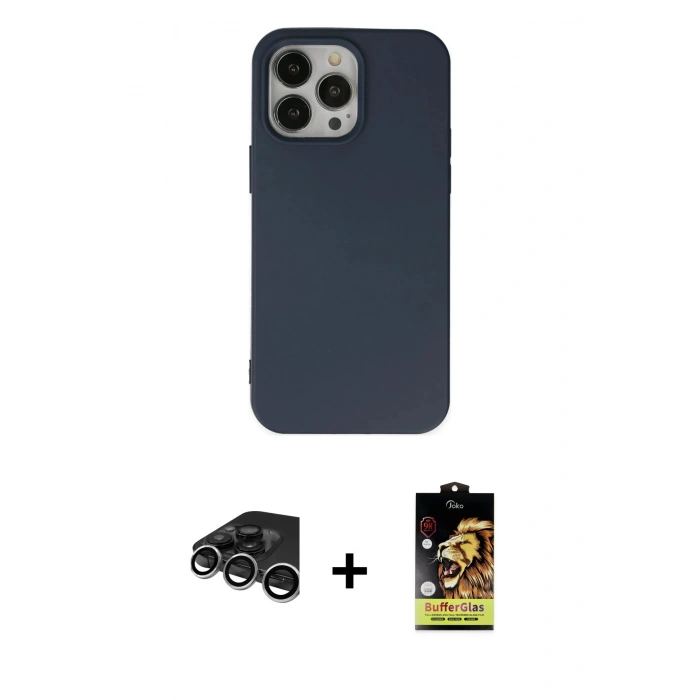 MARSİLYAN™- iPhone 15 Pro Kılıf Ahenk Serisi - Siyah Buffer Cam Ekran Koruyucu + Raze Metal Kamera Lens - GS