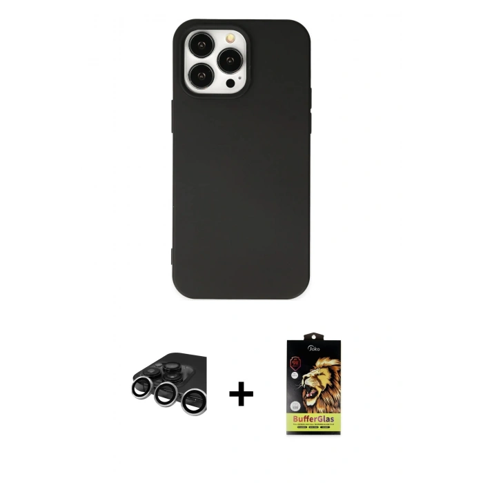 MARSİLYAN™- iPhone 15 Pro Kılıf Ahenk Serisi - Siyah Buffer Cam Ekran Koruyucu + Raze Metal Kamera Lens - GS