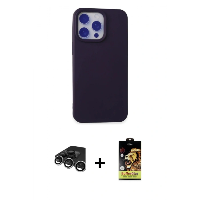 MARSİLYAN™- iPhone 15 Pro Kılıf Ahenk Serisi - Siyah Buffer Cam Ekran Koruyucu + Raze Metal Kamera Lens - GS
