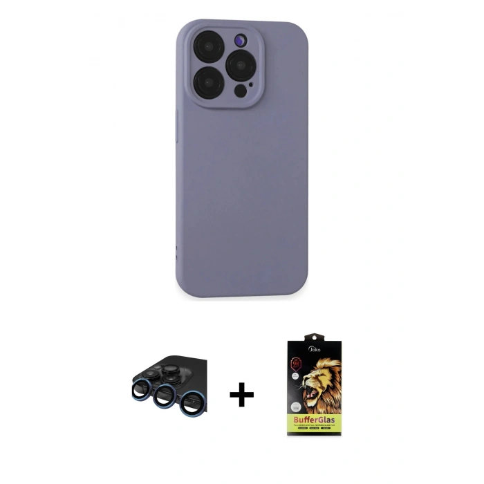 MARSİLYAN™- iPhone 15 Pro Kılıf Ahenk Serisi - Siyah Buffer Cam Ekran Koruyucu + Raze Metal Kamera Lens - LT