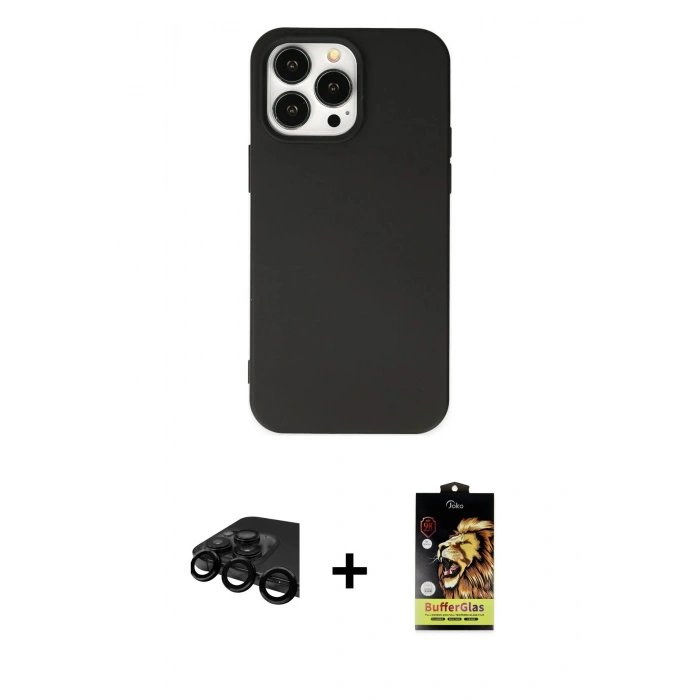 MARSİLYAN™- iPhone 15 Pro Kılıf Ahenk Serisi - Siyah Buffer Cam Ekran Koruyucu + Raze Metal Kamera Lens - SH