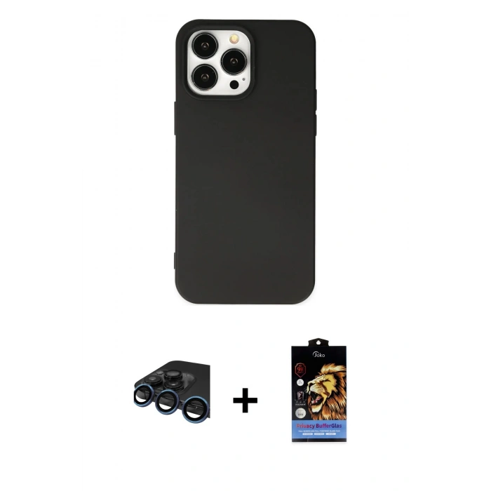 MARSİLYAN™- iPhone 15 Pro Kılıf Ahenk Serisi - Siyah Buffer Hayalet Cam Ekran Koruyucu + Raze Metal Kamera Lens - LT
