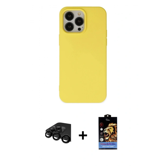 MARSİLYAN™- iPhone 15 Pro Kılıf Ahenk Serisi - Siyah Buffer Hayalet Cam Ekran Koruyucu + Raze Metal Kamera Lens - SH