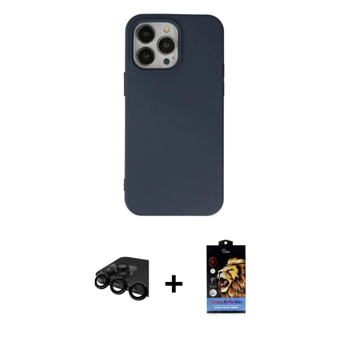 MARSİLYAN™- iPhone 15 Pro Kılıf Ahenk Serisi - Siyah Buffer Hayalet Cam Ekran Koruyucu + Raze Metal Kamera Lens - SH