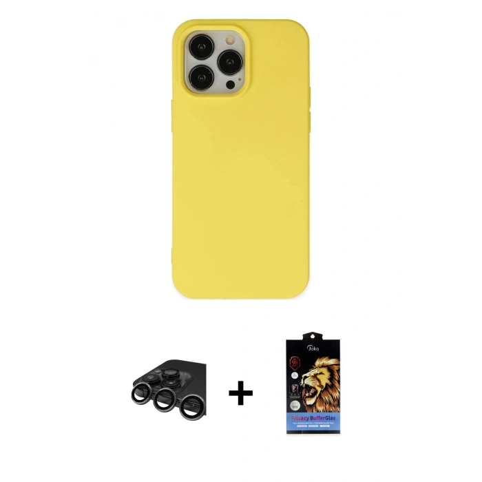 MARSİLYAN™- iPhone 15 Pro Kılıf Ahenk Serisi - Siyah Buffer Hayalet Cam Ekran Koruyucu + Raze Metal Kamera Lens - TMGI