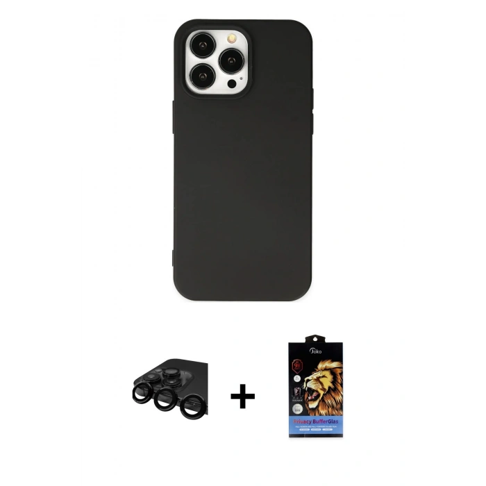 MARSİLYAN™- iPhone 15 Pro Kılıf Ahenk Serisi - Siyah Buffer Hayalet Cam Ekran Koruyucu + Raze Metal Kamera Lens - SH