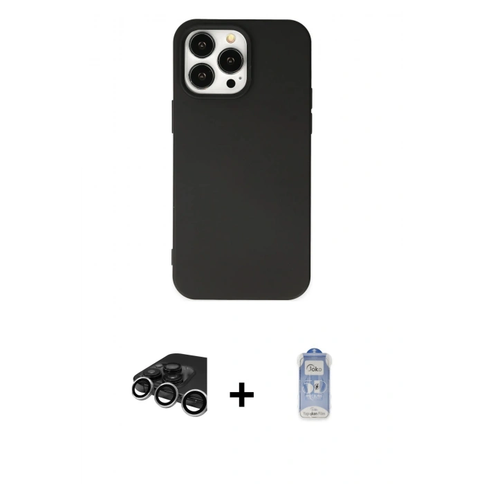 MARSİLYAN™- iPhone 15 Pro Kılıf Ahenk Serisi - Siyah Joko Magic 5D Cam + Gümüş Raze Metal Kamera Lens