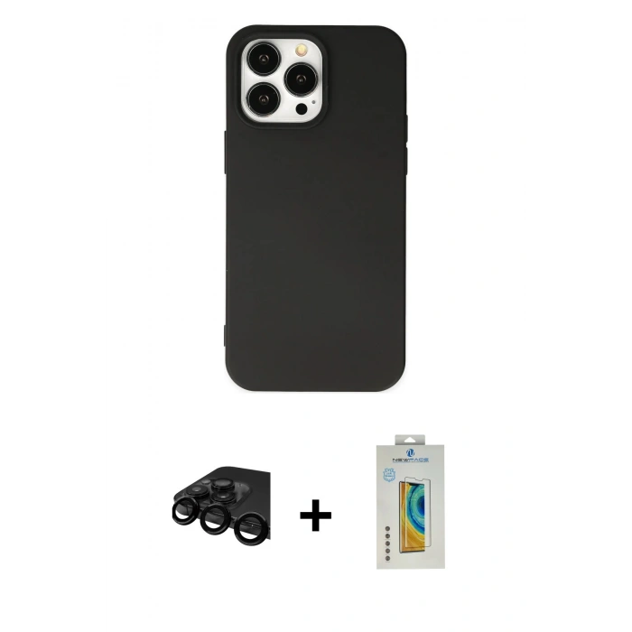 MARSİLYAN™- iPhone 15 Pro Kılıf Ahenk Serisi - Siyah Polymer Nano Ekran Koruyucu + Raze Metal Kamera Lens - SH