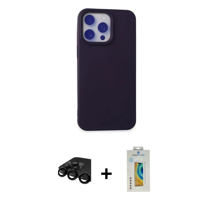 MARSİLYAN™- iPhone 15 Pro Kılıf Ahenk Serisi - Siyah Polymer Nano Ekran Koruyucu + Raze Metal Kamera Lens - SH