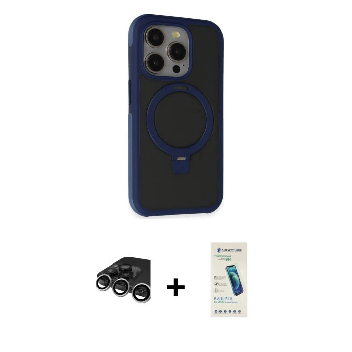 MARSİLYAN™- iPhone 15 Pro Kılıf Ahenk Yansıma Özel Seri - Şeffaf Pasifik Cam Ekran Koruyucu + Gümüş Raze Metal Kamera Lens