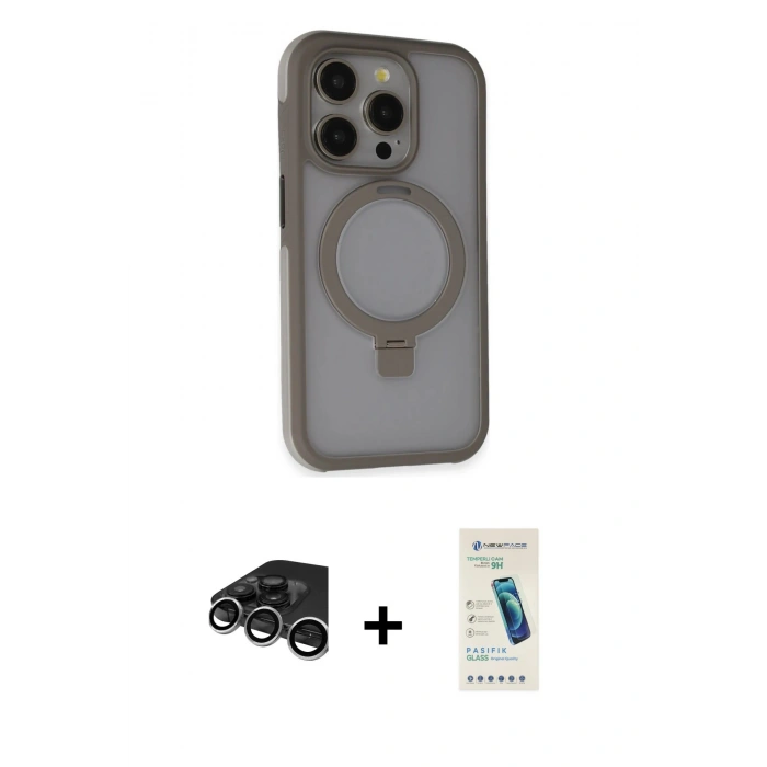 MARSİLYAN™- iPhone 15 Pro Kılıf Ahenk Yansıma Özel Seri - Şeffaf Pasifik Cam Ekran Koruyucu + Gümüş Raze Metal Kamera Lens