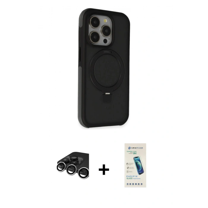 MARSİLYAN™- iPhone 15 Pro Kılıf Ahenk Yansıma Özel Seri - Şeffaf Pasifik Cam Ekran Koruyucu + Gümüş Raze Metal Kamera Lens