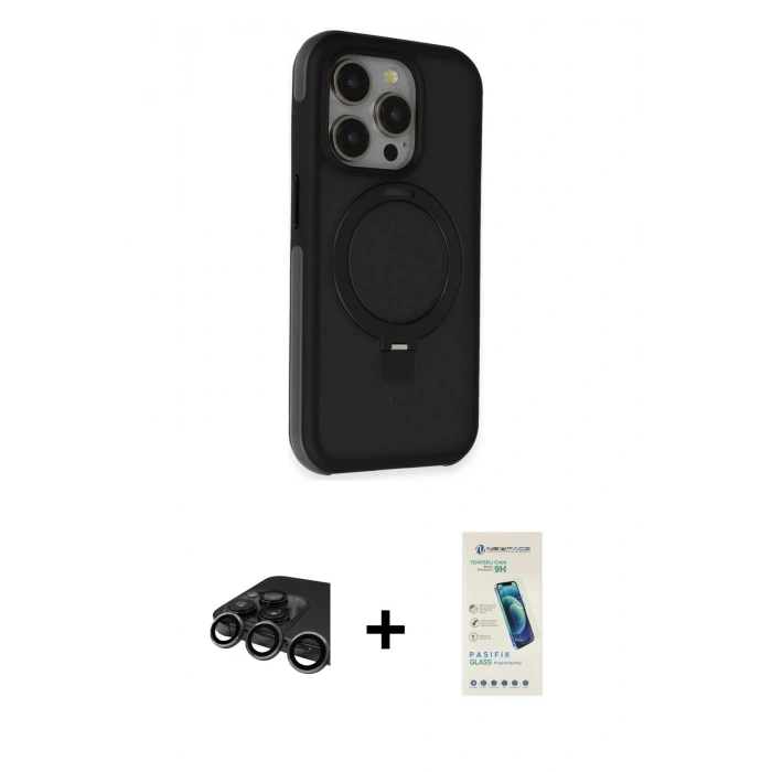 MARSİLYAN™- iPhone 15 Pro Kılıf Ahenk Yansıma Özel Seri - Şeffaf Pasifik Cam Ekran Koruyucu + Raze Metal Kamera Lens - TMGI