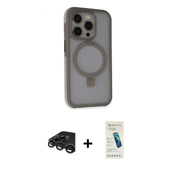 MARSİLYAN™- iPhone 15 Pro Kılıf Ahenk Yansıma Özel Seri - Şeffaf Pasifik Cam Ekran Koruyucu + Raze Metal Kamera Lens - TMGI