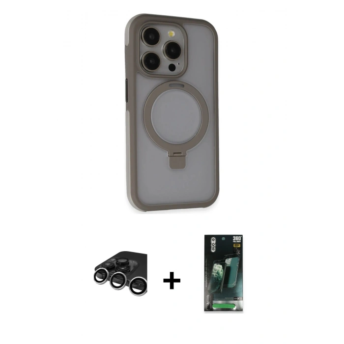 MARSİLYAN™- iPhone 15 Pro Kılıf Ahenk Yansıma Özel Seri - Siyah 360 Mat Full Body Arka Koruyucu + Gümüş Raze Metal Kamera Lens
