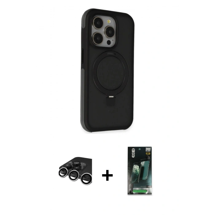 MARSİLYAN™- iPhone 15 Pro Kılıf Ahenk Yansıma Özel Seri - Siyah 360 Mat Full Body Arka Koruyucu + Gümüş Raze Metal Kamera Lens