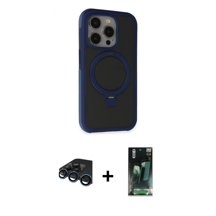 MARSİLYAN™- iPhone 15 Pro Kılıf Ahenk Yansıma Özel Seri - Siyah 360 Mat Full Body Arka Koruyucu + Raze Metal Kamera Lens - LT