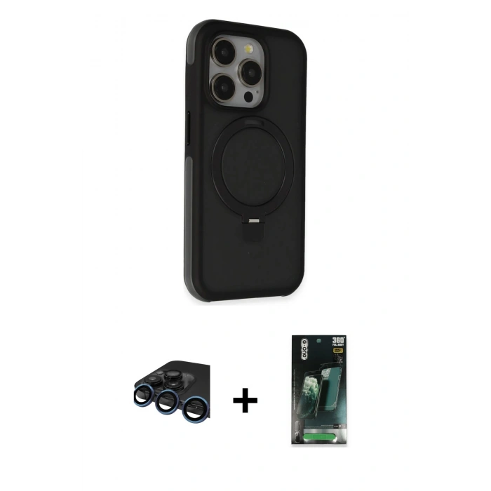 MARSİLYAN™- iPhone 15 Pro Kılıf Ahenk Yansıma Özel Seri - Siyah 360 Mat Full Body Arka Koruyucu + Raze Metal Kamera Lens - LT