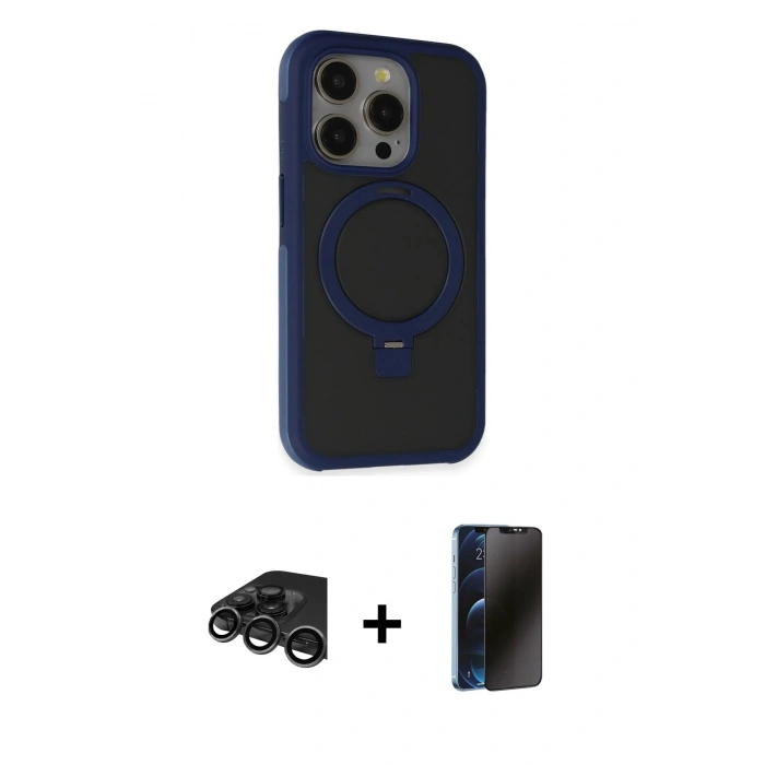MARSİLYAN™- iPhone 15 Pro Kılıf Ahenk Yansıma Özel Seri - Siyah 3D Antistatik Hayalet Cam Ekran Koruyucu + Raze Metal Kamera Lens - TMGI
