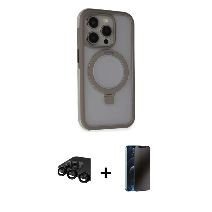 MARSİLYAN™- iPhone 15 Pro Kılıf Ahenk Yansıma Özel Seri - Siyah 3D Antistatik Hayalet Cam Ekran Koruyucu + Raze Metal Kamera Lens - SH