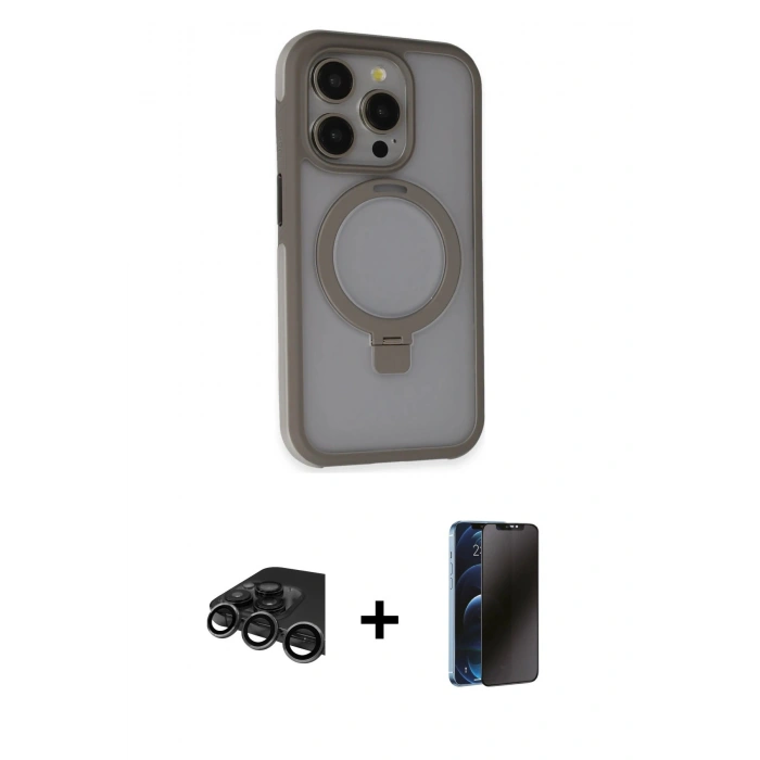 MARSİLYAN™- iPhone 15 Pro Kılıf Ahenk Yansıma Özel Seri - Siyah 3D Antistatik Hayalet Cam Ekran Koruyucu + Raze Metal Kamera Lens - TMGI