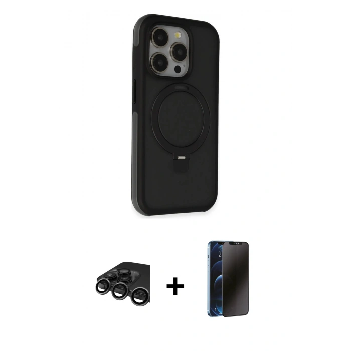 MARSİLYAN™- iPhone 15 Pro Kılıf Ahenk Yansıma Özel Seri - Siyah 3D Antistatik Hayalet Cam Ekran Koruyucu + Raze Metal Kamera Lens - TMGI