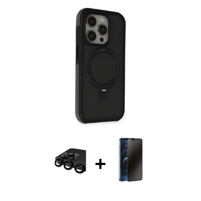 MARSİLYAN™- iPhone 15 Pro Kılıf Ahenk Yansıma Özel Seri - Siyah 3D Antistatik Hayalet Cam Ekran Koruyucu + Raze Metal Kamera Lens - SH