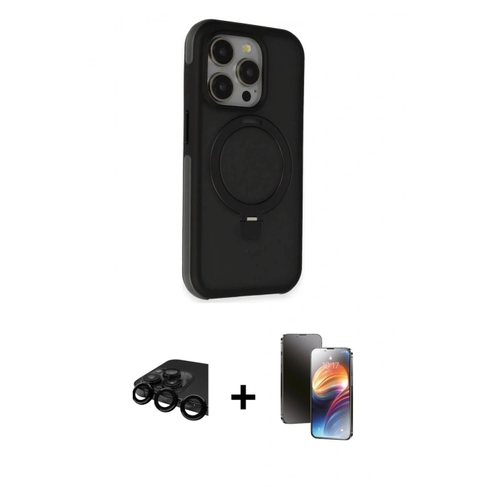 MARSİLYAN™- iPhone 15 Pro Kılıf Ahenk Yansıma Özel Seri - Siyah 3D Antistatik Mat Seramik Nano Ekran Koruyucu + Siyah Raze Metal Kamera Lens