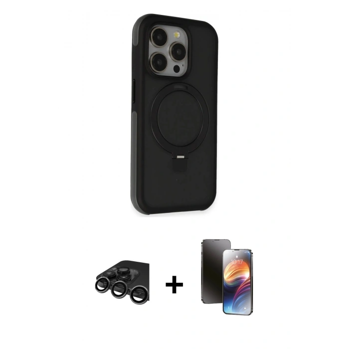 MARSİLYAN™- iPhone 15 Pro Kılıf Ahenk Yansıma Özel Seri - Siyah 3D Antistatik Mat Seramik Nano Ekran Koruyucu + Raze Metal Kamera Lens - TMGI