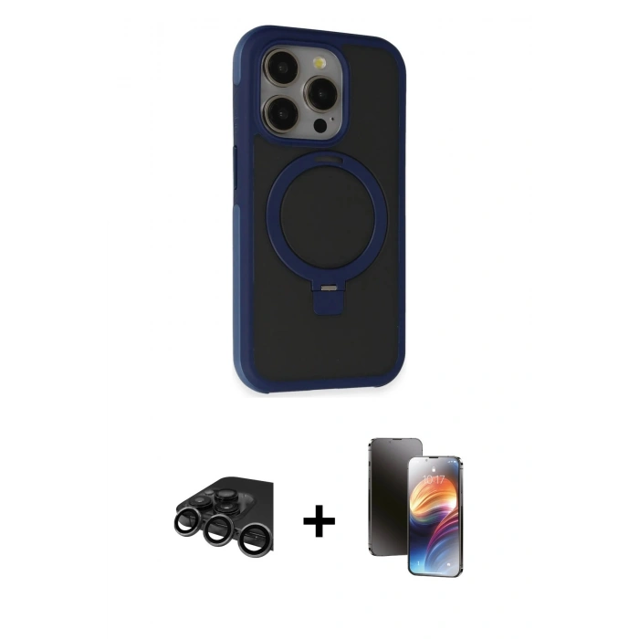 MARSİLYAN™- iPhone 15 Pro Kılıf Ahenk Yansıma Özel Seri - Siyah 3D Antistatik Mat Seramik Nano Ekran Koruyucu + Raze Metal Kamera Lens - TMGI